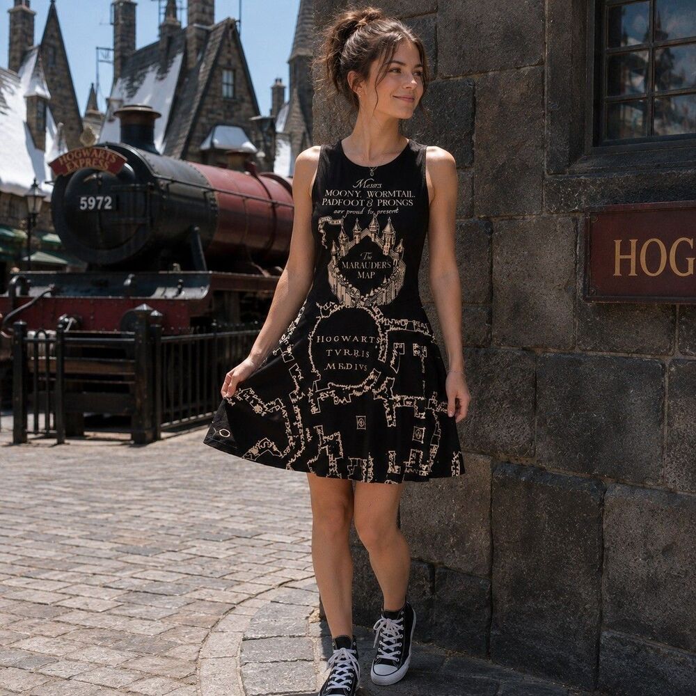 Harry Potter Marauder's Map Dress XS Hogwarts Fit & Flare Skater Sleeveless